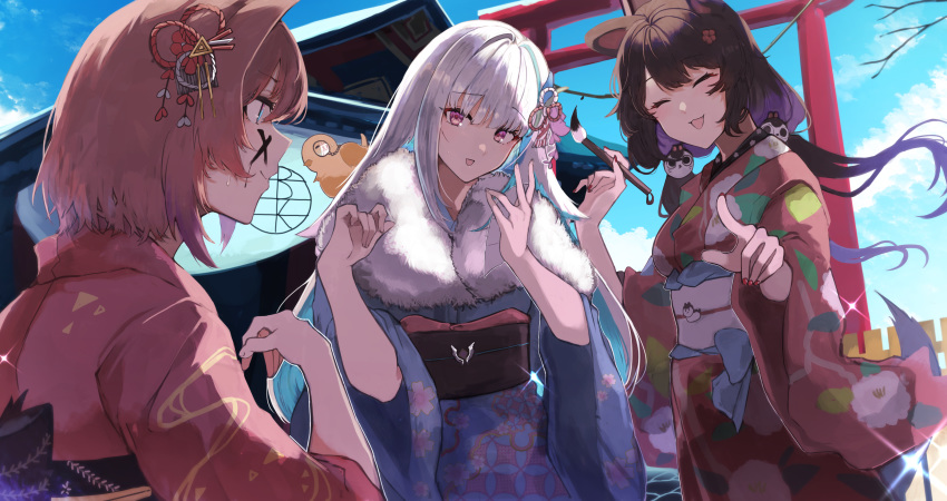 3girls :d absurdres ange_katrina animal_ears architecture bangs blue_kimono blunt_bangs breasts brown_hair closed_eyes cloud commentary_request cowboy_shot day east_asian_architecture eyebrows_visible_through_hair facepaint fang from_side fur_scarf glint hair_intakes hair_ornament highres index_finger_raised inui_toko japanese_clothes kimono lize_helesta long_hair looking_at_another lunateelf medium_breasts monocle multicolored_hair multiple_girls nail_polish nijisanji obi open_mouth outdoors pink_eyes pointing profile red_kimono red_nails sash short_hair silver_hair sky smile standing streaked_hair tail torii upper_body virtual_youtuber wide_sleeves |3 |d
