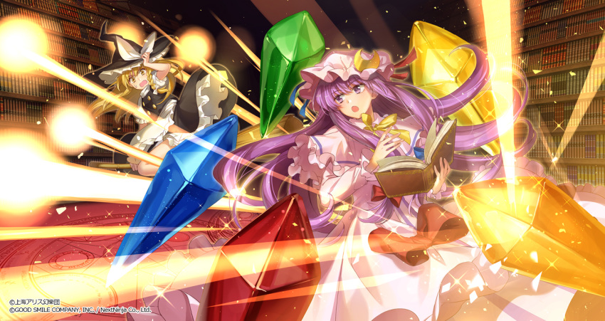 2girls apron arm_up beam black_headwear black_skirt black_vest blonde_hair blue_ribbon book bow broom broom_riding capelet commentary_request crescent crystal dress duel fighting floating_hair frilled_apron frilled_capelet frilled_skirt frills glint hagiwara_rin hair_bow hand_on_headwear hands_up hat hat_bow hat_ribbon holding holding_book indoors kirisame_marisa library light_rays long_hair looking_back magic_circle multiple_girls open_book open_mouth patchouli_knowledge philosopher's_stone pink_capelet pink_dress pink_headwear puffy_short_sleeves puffy_sleeves purple_eyes purple_hair red_ribbon ribbon scarlet_devil_mansion short_sleeves skirt sparkle spell_card striped sweatdrop touhou touhou_lost_word turtleneck vertical-striped_dress vertical_stripes vest voile waist_apron wavy_mouth white_apron white_bow witch_hat yellow_eyes