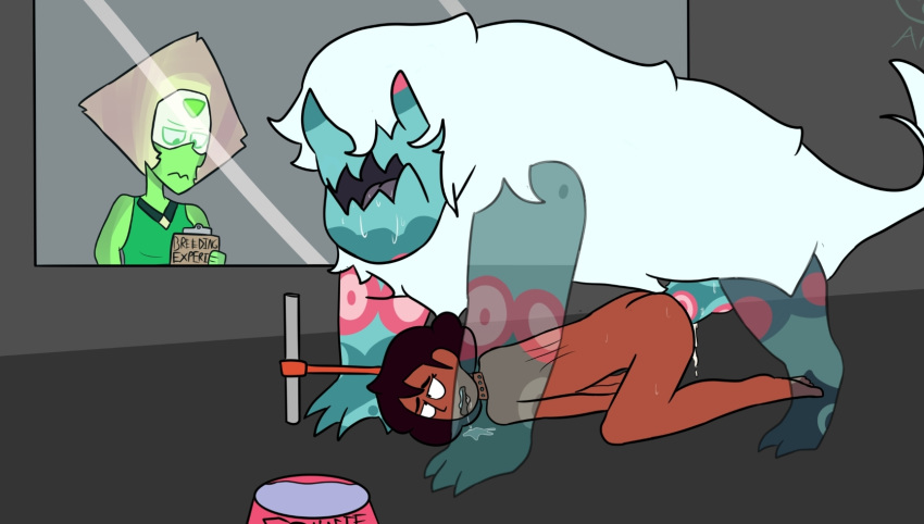 ass_up being_watched bodily_fluids bound bowl cartoon_network connie_maheswaran corrupted_gem cum cum_drip cum_in_pussy cum_inside dripping female female_on_feral feral forced fucked_silly gem_(species) genital_fluids hair hands_tied hi_res human larger_male leash_and_collar looking_at_another male male/female mammal size_difference steven_universe unknown_artist young