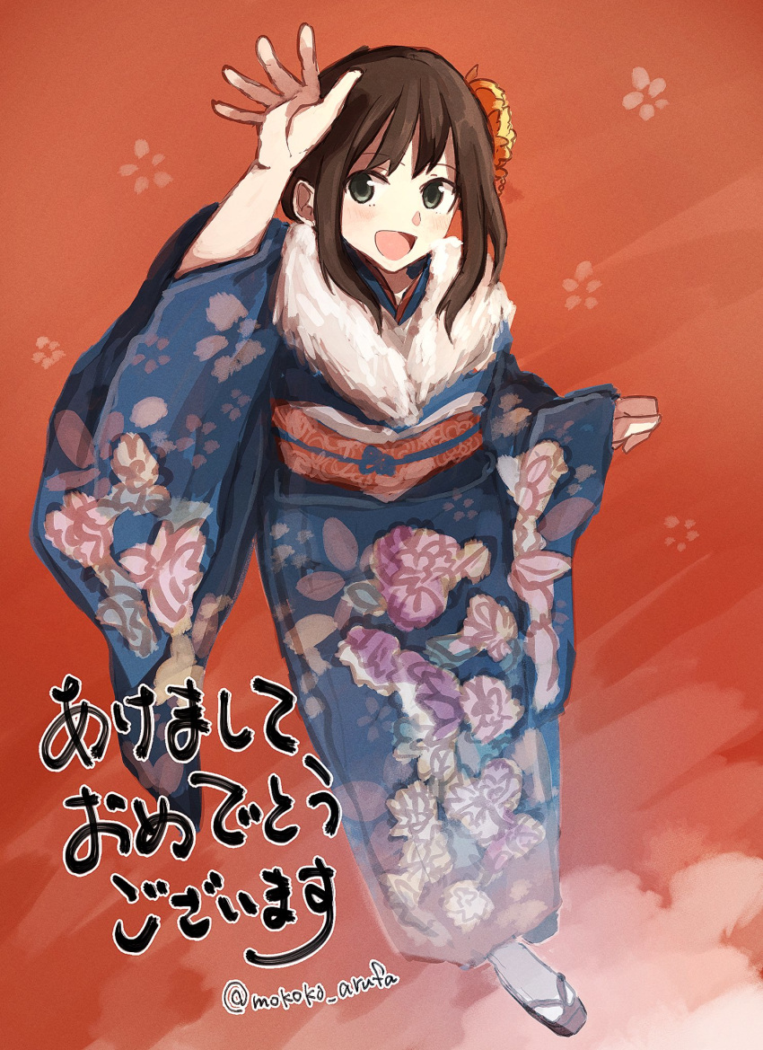 1girl :d alternate_costume blue_kimono brown_hair floral_print flower fubuki_(kantai_collection) full_body geta green_eyes hair_flower hair_ornament happy_new_year highres japanese_clothes kantai_collection kimono looking_at_viewer miku-moko new_year open_mouth sidelocks smile solo twitter_username wide_sleeves