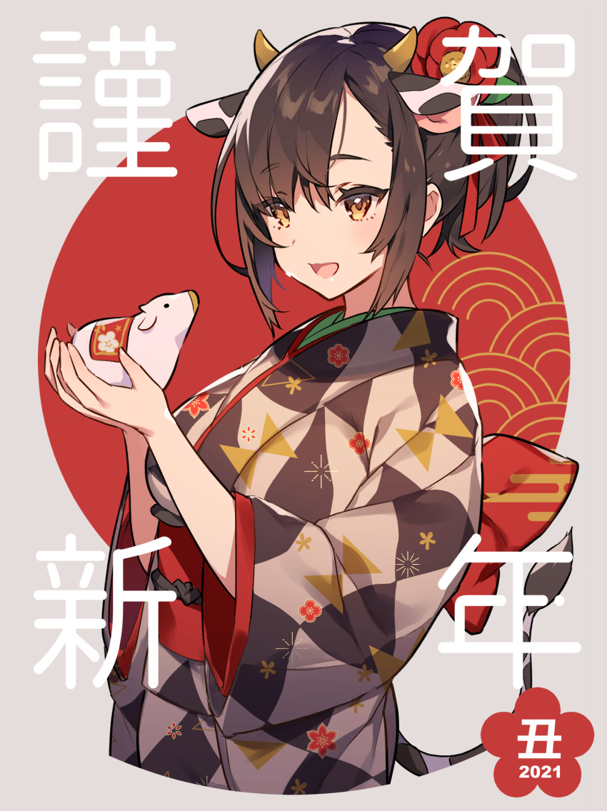 1girl 2021 animal animal_ears brown_eyes brown_hair camellia chinese_zodiac commentary_request cow cow_ears cow_horns cow_tail cropped_torso egasumi eyebrows_visible_through_hair flower hair_flower hair_ornament hair_ribbon high_ponytail highres holding holding_animal horns japanese_clothes kimono medium_hair new_year obi open_mouth original ponytail ribbon sash seigaiha solo tail tied_hair translation_request tubumi upper_body year_of_the_ox