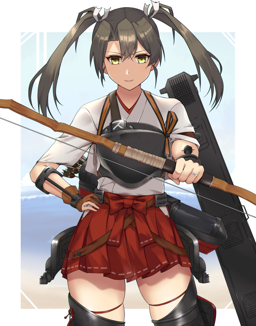 1girl absurdres arrow_(projectile) boots bow_(weapon) brown_gloves cowboy_shot dark_green_hair flight_deck gloves green_eyes hair_ribbon highres holding holding_bow_(weapon) holding_weapon jewelry kantai_collection long_hair looking_at_viewer ohiya partially_fingerless_gloves quiver ribbon ring single_glove smile solo thigh_boots thighhighs twintails weapon wedding_band white_ribbon yugake zettai_ryouiki zuikaku_(kantai_collection)