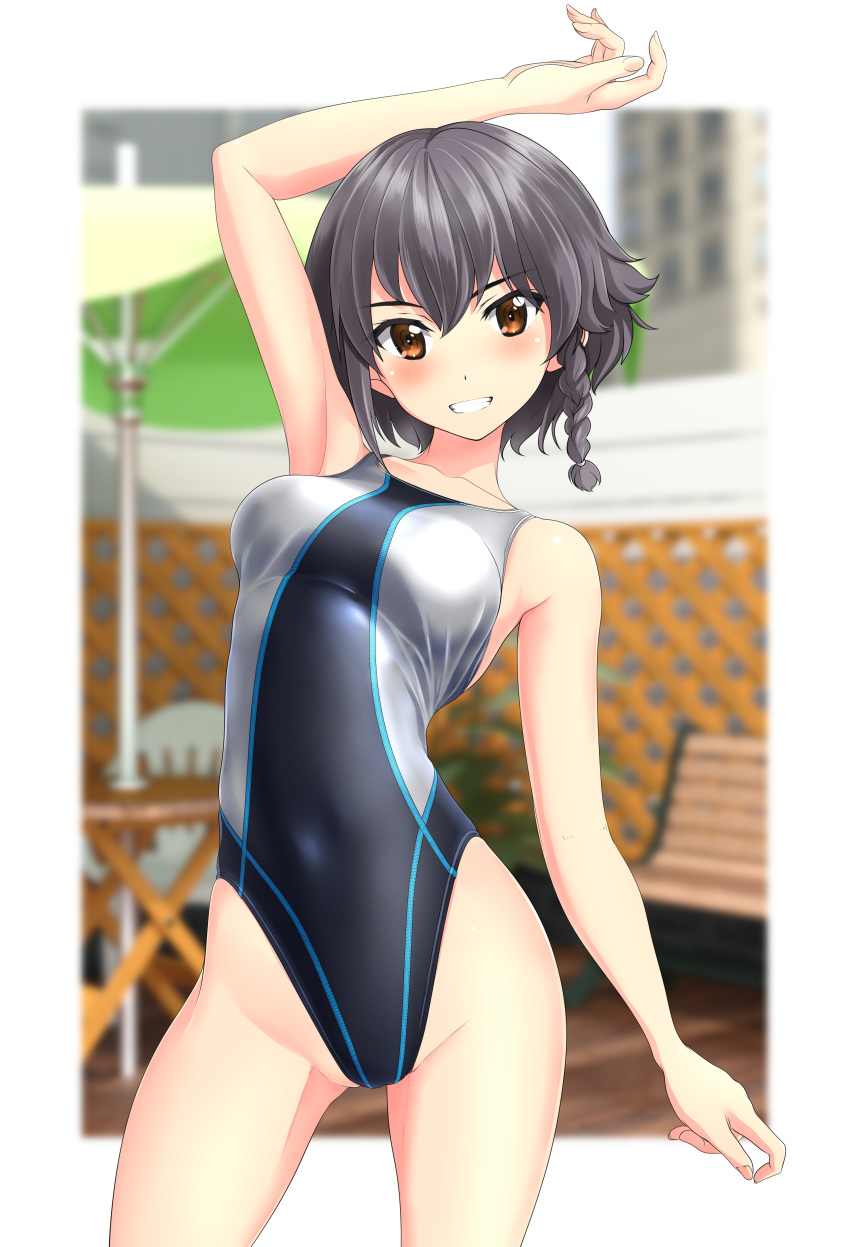 1girl absurdres bangs beach_umbrella bench black_hair black_swimsuit blurry braid brown_eyes chair competition_swimsuit cowboy_shot depth_of_field fence girls_und_panzer grin highres looking_at_viewer one-piece_swimsuit pepperoni_(girls_und_panzer) short_hair side_braid smile solo swimsuit takafumi two-tone_background umbrella