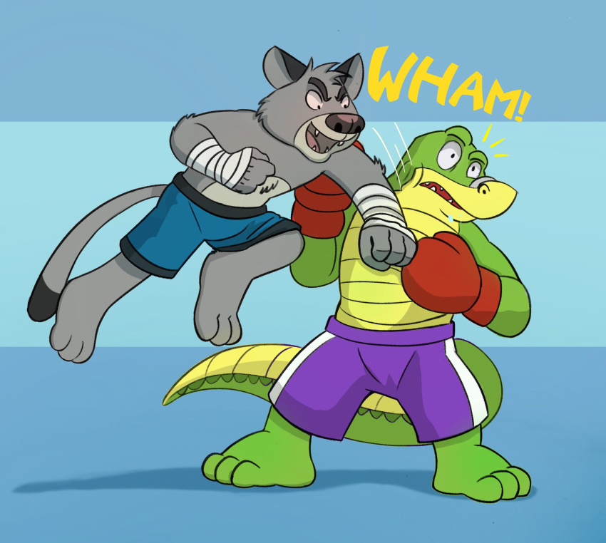 2021 alligator alligatorid anthro bottomwear brok_(character) brok_the_investigator clothing crocodilian domestic_cat duo felid feline felis fight graff green_body grey_body hi_res introvertedpooch male mammal reptile scalie shorts video_games