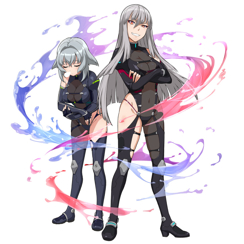 2girls bangs bodysuit breasts closed_eyes crossed_arms fingerless_gloves gloves grin hair_between_eyes hair_intakes half-closed_eye highres kandagawa_jet_girls large_breasts long_hair multiple_girls naruko_hanaharu navel nose_bubble official_art short_hair silver_hair sleeping smile standing transparent_background