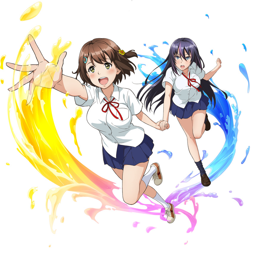 2girls bangs black_hair black_legwear blue_eyes blue_skirt blush breast_pocket brown_footwear brown_hair dress_shirt flower hair_flower hair_ornament hairclip highres holding_hands kandagawa_jet_girls loafers long_hair multicolored_hair multiple_girls naruko_hanaharu official_art open_mouth outstretched_arm pleated_skirt pocket purple_hair shirt shoes short_hair short_sleeves skirt sneakers streaked_hair transparent_background two-tone_hair white_legwear white_shirt yellow_eyes