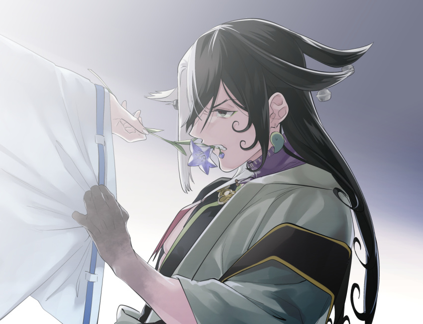 1boy abe_no_seimei_(fate) ashiya_douman_(fate) asymmetrical_clothes asymmetrical_hair bell black_eyes black_hair clothes_grab curly_hair earrings eating fate/grand_order fate_(series) fingernails flower flower_request from_side green_kimono green_nails hair_bell hair_between_eyes hair_intakes hair_ornament hinoya japanese_clothes jewelry kimono long_hair looking_at_another magatama magatama_earrings male_focus mouth_hold multicolored_hair open_clothes open_kimono purple_flower ribbed_sleeves sharp_fingernails solo_focus two-tone_hair upper_body very_long_fingernails very_long_hair white_hair white_kimono wide_sleeves