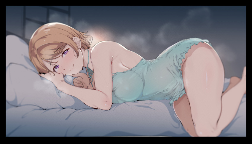 1girl alp bangs bare_legs bare_shoulders barefoot bed blush breasts brown_hair closed_mouth commentary_request dress eyebrows_visible_through_hair head_on_pillow indoors koizumi_hanayo large_breasts looking_at_viewer love_live! love_live!_school_idol_project lying night on_bed on_side pillow purple_eyes short_hair smile solo