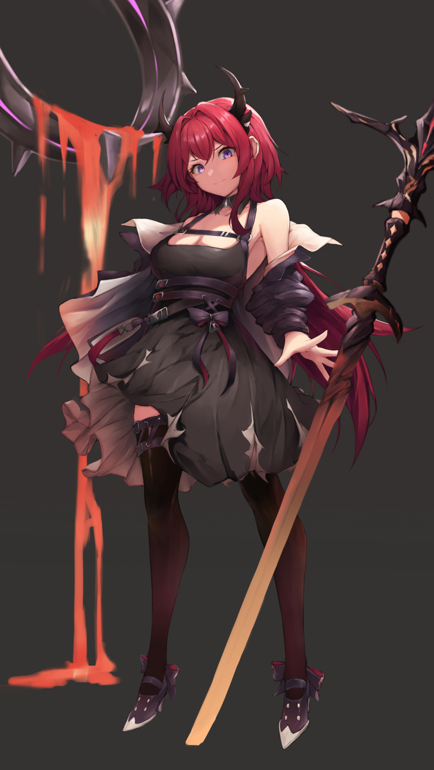 1girl 3: absurdres arknights armpits bare_shoulders belt black_choker black_dress black_jacket breasts brown_legwear choker cleavage closed_mouth dress full_body halter_dress highres horns jacket large_breasts long_hair long_sleeves looking_at_viewer molten_rock multiple_belts off_shoulder open_clothes open_jacket planted_weapon purple_eyes red_hair shoes sleeveless sleeveless_dress solo standing surtr_(arknights) sword thighhighs weapon yukaring1