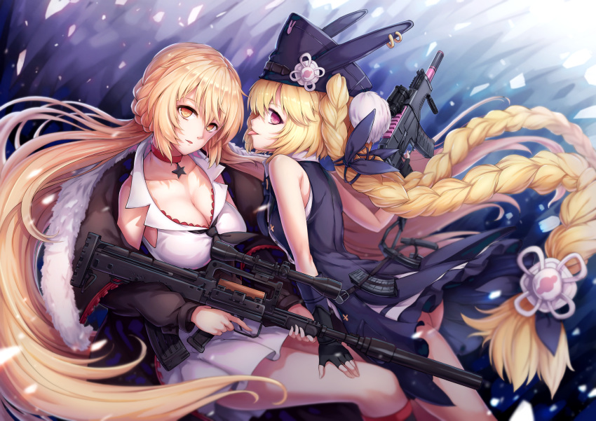 2girls blonde_hair braids girls_frontline gun long_hair ots-14_(girls_frontline) sr-3mp_(girls_frontline) tamashii_yuu twintails weapon