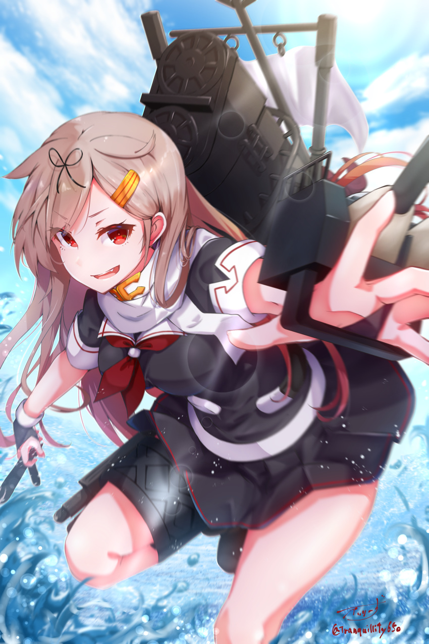 1girl absurdres artist_name baileys_(tranquillity650) black_gloves black_ribbon black_serafuku black_skirt blonde_hair day fingerless_gloves gloves hair_flaps hair_ornament hair_ribbon hairclip highres kantai_collection long_hair machinery neckerchief ocean open_mouth pleated_skirt reaching_out red_eyes red_neckwear remodel_(kantai_collection) ribbon rigging scarf school_uniform serafuku short_sleeves signature skirt smile smokestack solo torpedo torpedo_launcher torpedo_tubes twitter_username v-shaped_eyebrows white_scarf yuudachi_(kantai_collection)