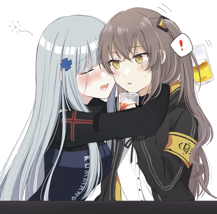 ! 2girls alcohol armband bangs blush breasts brown_hair closed_eyes cup drinking_glass drunk girls_frontline hair_ornament highres hk416_(girls_frontline) huge_breasts jacket long_hair multiple_girls one_side_up open_mouth scar scar_across_eye scarf silver_hair spoken_exclamation_mark sui_(camellia) sweatdrop ump45_(girls_frontline) yellow_eyes yuri