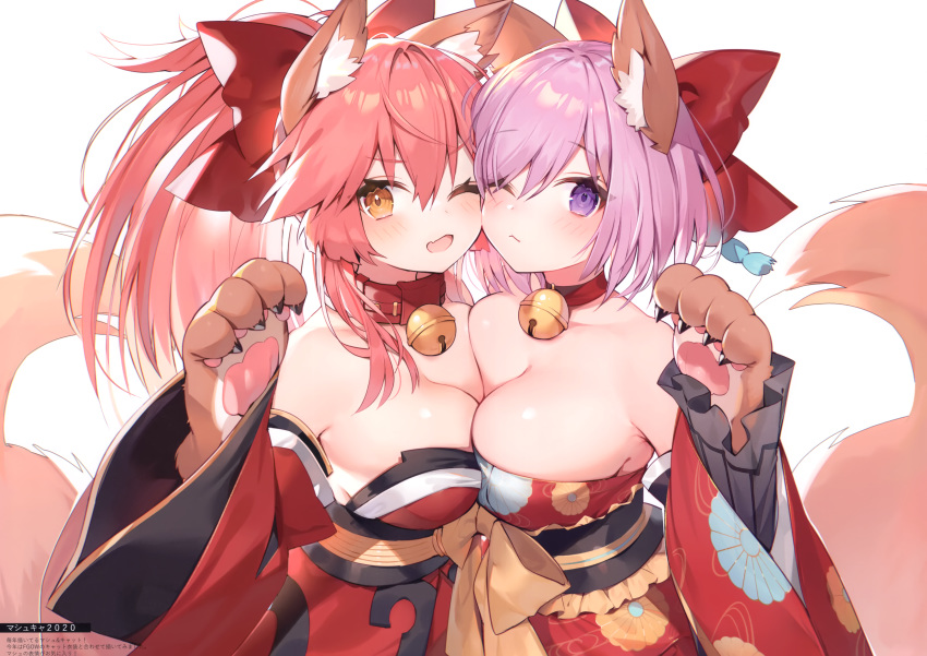 2girls animal_ears bell blush bow breasts cat_smile cleavage collar cosplay fang fate/grand_order fate_(series) foxgirl gloves japanese_clothes kimono long_hair mash_kyrielight muryou orange_eyes pink_hair ponytail purple_eyes purple_hair scan short_hair tail tamamo_cat tamamo_no_mae_(fate) third-party_edit wink