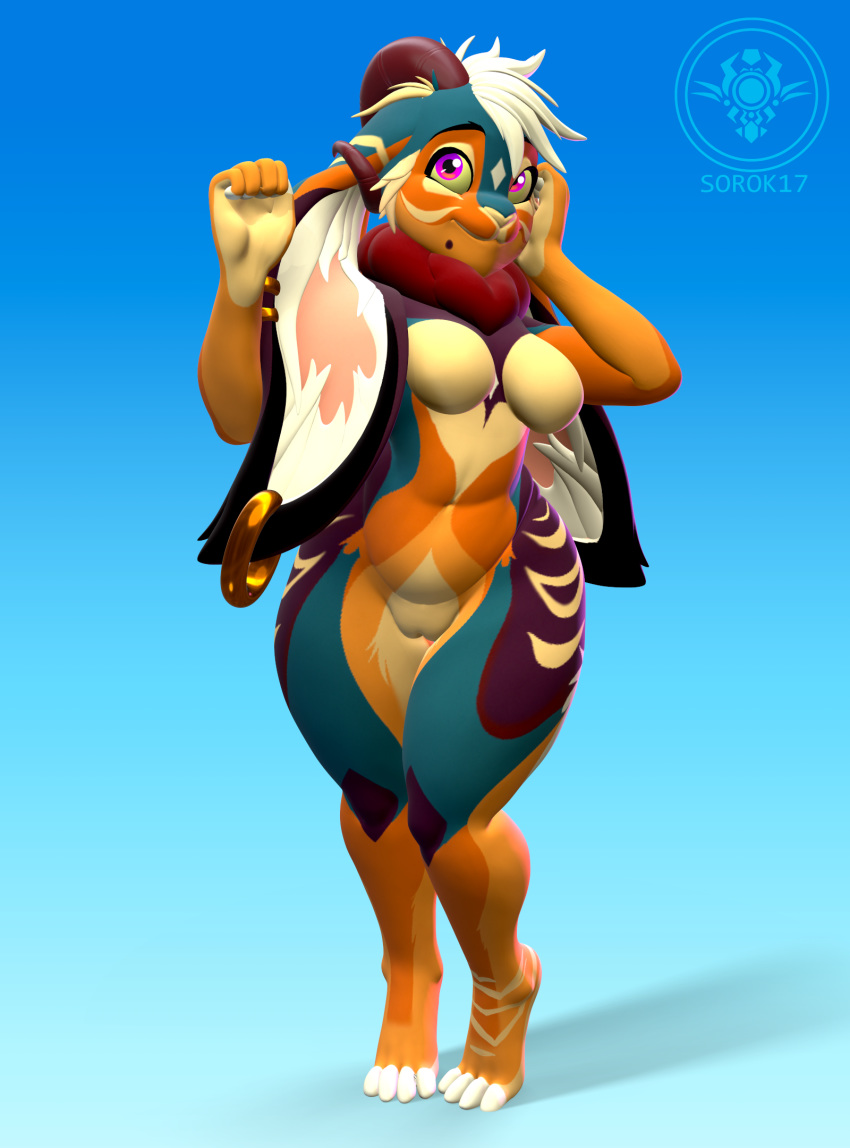 2021 anthro breasts ear_piercing ear_ring female fur genitals green_body green_fur hand_on_cheek hi_res lagomorph legs_together leporid mammal milestone nude orange_body orange_fur peach_pussy piercing pink_eyes pussy rabbit simple_background slightly_chubby solo sorok17 thank_you white_body white_fur