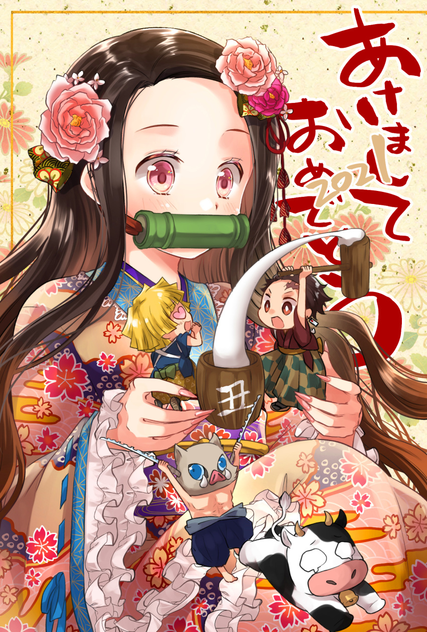 1girl 3boys agatsuma_zenitsu animal arms_up bamboo bell bit_gag black_hair blonde_hair blue_kimono blush boar_mask brown_hair brown_kimono checkered chibi chinese_zodiac commentary_request cow earrings feet_out_of_frame floral_print flower forehead frilled_sleeves frills gag hair_flower hair_ornament hakama hashibira_inosuke heart heart_eyes highres iroha_(shiki) japanese_clothes jewelry kamado_nezuko kamado_tanjirou kimetsu_no_yaiba kimono knees_up long_hair long_sleeves miniboy mouth_hold multiple_boys obi pig_mask pink_flower print_kimono red_eyes red_flower sash scar scar_on_face scar_on_forehead sitting sleeves_past_wrists teardrop very_long_hair wavy_eyes wide_sleeves year_of_the_ox