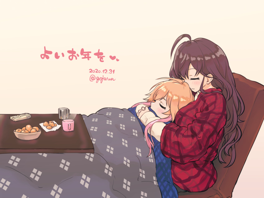 2girls ahoge artist_name blanket blush brown_hair closed_eyes cuddling cup dated food fruit gojarun highres hug hug_from_behind ichinose_shiki idolmaster idolmaster_cinderella_girls long_hair lying_on_person mandarin_orange mug multicolored_hair multiple_girls ninomiya_asuka orange_hair pink_hair plaid plaid_shirt shirt signature sitting sleeping steam yuri