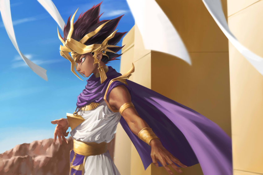 1boy atem bracer cliff cloak closed_mouth cloud dark_skin dark_skinned_male day egyptian from_side hejia_abby highres jewelry makeup male_focus mixed-language_commentary multicolored_hair outdoors outstretched_arm purple_cloak red_eyes sky solo spread_fingers yu-gi-oh!