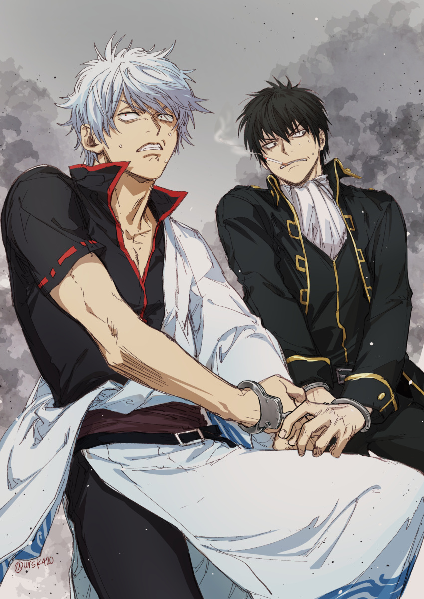 2boys black_hair black_jacket black_pants black_shirt black_vest blue_hair cigarette clenched_teeth cuffs gintama grey_background hadanugi_dousa handcuffs highres hijikata_toushirou jacket japanese_clothes kimono long_sleeves male_focus mouth_hold multiple_boys open_clothes open_jacket pants red_eyes sakata_gintoki shinsengumi_(gintama) shirt short_sleeves smoke smoking sweat teeth uraki_(tetsu420) vest white_kimono white_shirt wide-eyed