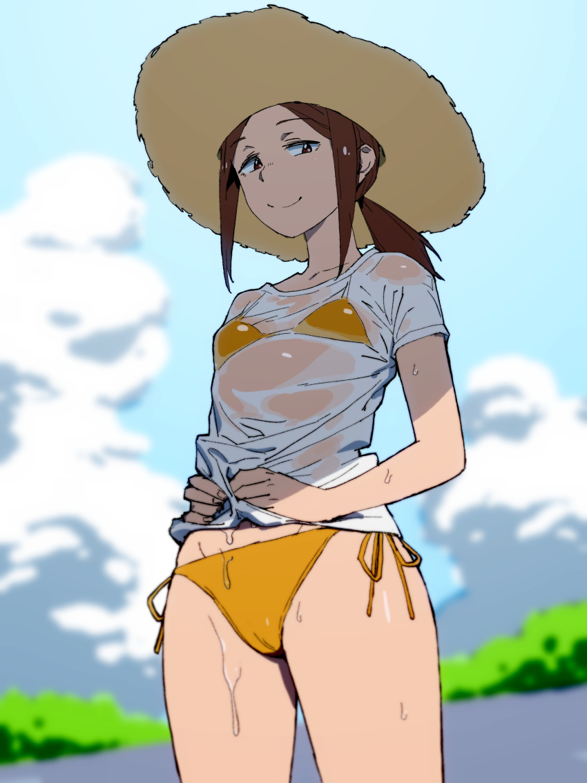 1girl absurdres bikini blue_sky blurry blurry_background brown_eyes brown_hair brown_headwear cameltoe closed_mouth cloud cloudy_sky commentary cowboy_shot day depth_of_field half-closed_eyes hands_on_own_stomach hat highres houkago_teibou_nisshi kuroiwa_yuuki looking_at_viewer medium_hair no_pants onsen_tamago_(hs_egg) outdoors ponytail see-through shirt short_hair side-tie_bikini sidelocks sky smile solo standing sun_hat swimsuit t-shirt wet wet_clothes wet_shirt white_shirt yellow_bikini