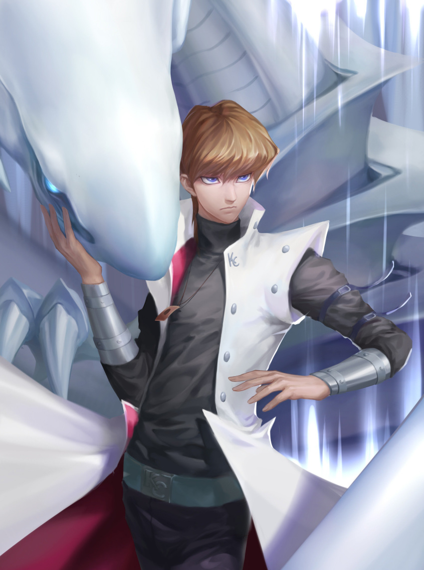 1boy absurdres arm_belt bangs blue-eyes_white_dragon brown_hair card closed_mouth coat commentary duel_monster hair_between_eyes hejia_abby highres jewelry kaiba_seto looking_to_the_side male_focus necklace open_clothes open_coat purple_eyes turtleneck vambraces white_coat yu-gi-oh!