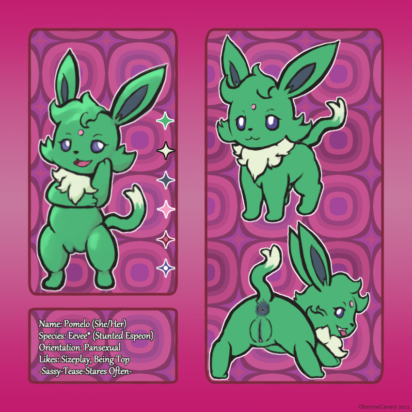 1:1 anthro anus chest_tuft chibi eevee eeveelution espeon female feral forehead_gem fur fusion genitals green_body green_fur hi_res model_sheet nintendo obscenecanary plump_labia pok&eacute;mon pok&eacute;mon_(species) pok&eacute;mon_fusion pussy solo text tuft video_games white_text