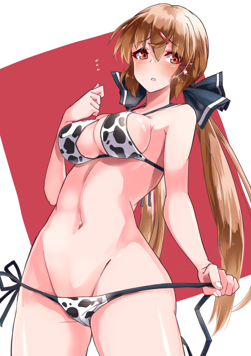 1girl absurdres animal_print bikini black_bow blush bow breasts brown_eyes brown_hair cow_print cowboy_shot eyebrows_visible_through_hair flying_sweatdrops groin hair_between_eyes hair_bow hair_ornament hairclip highres kantai_collection komb long_hair low_twintails medium_breasts navel parted_lips solo swimsuit tashkent_(kantai_collection) twintails white_bikini