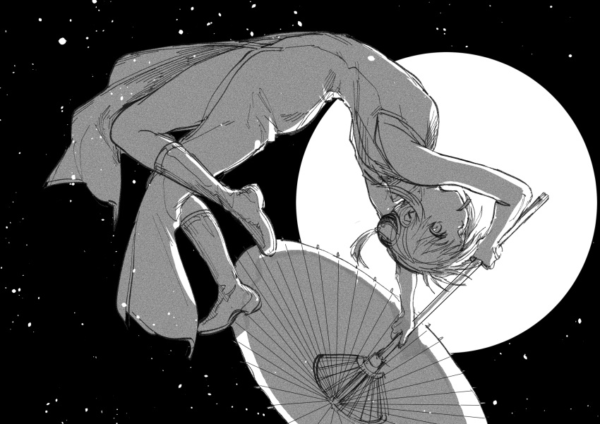 1girl bare_arms bare_shoulders black_sky boots bun_cover china_dress chinese_clothes closed_mouth double_bun dress full_body gintama greyscale highres holding holding_umbrella kagura_(gintama) looking_at_viewer midair monochrome mouth_hold oil-paper_umbrella pants pelvic_curtain sky sleeveless sleeveless_dress solo star_(sky) starry_sky umbrella uraki_(tetsu420)