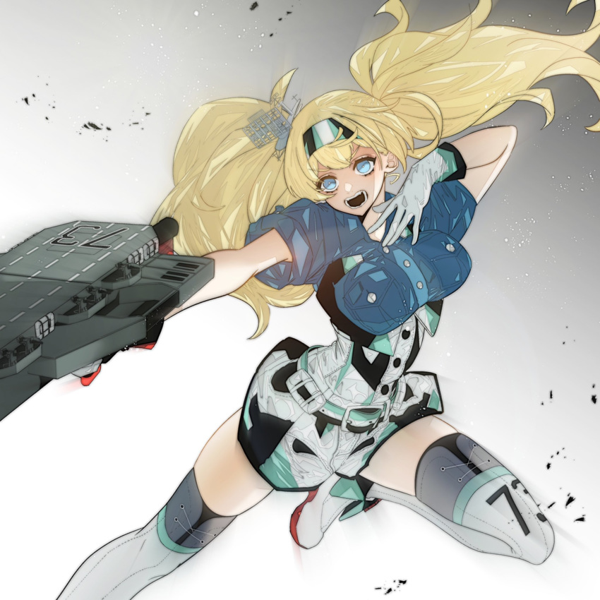 1girl anno88888 bangs blonde_hair blue_eyes blue_shirt boots breast_pocket breasts flight_deck gambier_bay_(kantai_collection) gloves grey_background hairband headgear highres holding kantai_collection large_breasts leg_up long_hair open_mouth pocket shirt short_sleeves shorts simple_background solo thigh_boots thighhighs twintails