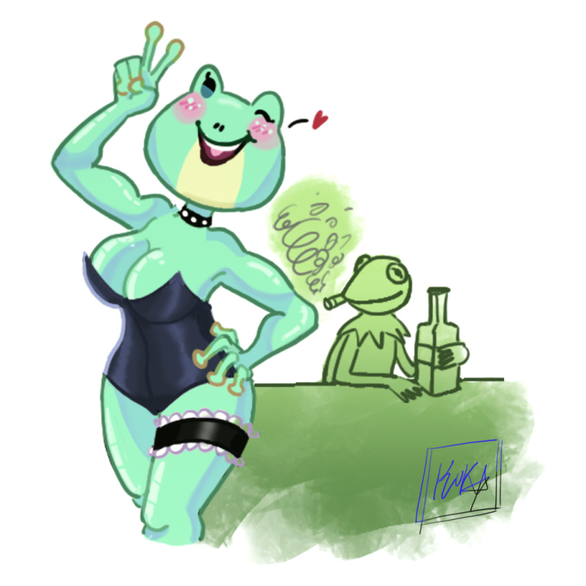 1:1 amphibian amphibian_humanoid animal_humanoid big_breasts breasts clothed clothing digital_media_(artwork) female frog frog_humanoid humanoid kermit_the_frog looking_at_viewer male male/female muppets simple_background solo