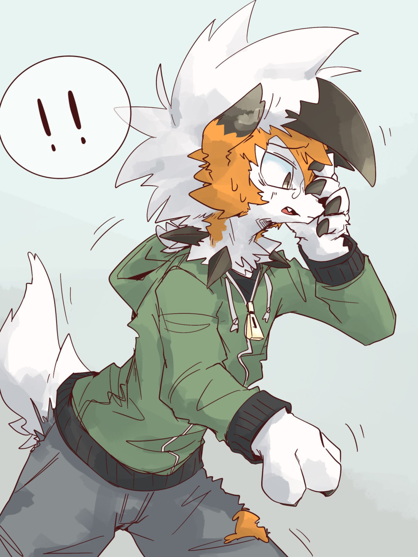 ! ambiguous_gender anthro black_claws blue_background bodily_fluids bottomwear brown_eyes canid canine claws clothing dusk_lycanroc ear_growth finger_claws fur green_clothing green_hoodie green_topwear grey_bottomwear grey_clothing grey_pants growth hi_res hoodie human_to_anthro lycanroc mammal mid_transformation nintendo orange_body orange_fur pants pok&eacute;mon pok&eacute;mon_(species) sharp_teeth simple_background snout snout_growth solo species_transformation sweat tail_growth teeth tongue topwear torn_bottomwear torn_clothing torn_pants transformation video_games white_body white_fur wide_eyed じゅうっとん