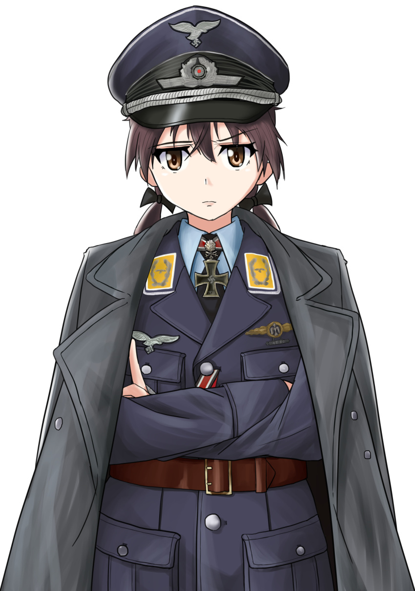 1girl bird brown_eyes brown_hair eagle gertrud_barkhorn hat highres insignia iron_cross luftwaffe military military_hat military_jacket military_uniform peaked_cap strike_witches swastika twintails uniform user_wheh8572 world_witches_series