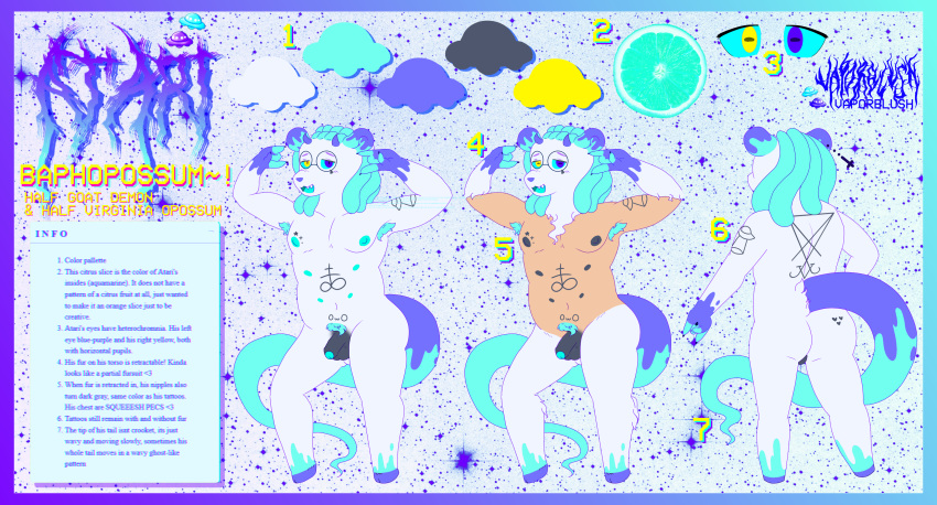 absurd_res anthro atari_(vaporblush) balls baphopossum bovid caprine caprine_demon demon didelphid english_text foreskin genitals goat_demon hairless hi_res hybrid long_tail male mammal marsupial model_sheet multi_nipple nipples pecs penis pits pubes satanic solo tattoo text ufo vaporblush