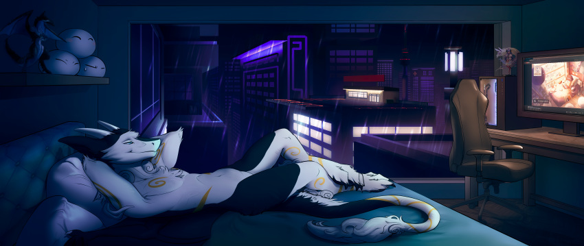 absurd_res anthro city computer figurines fur hi_res inside male nude raining relaxing sergal smile solo syringa