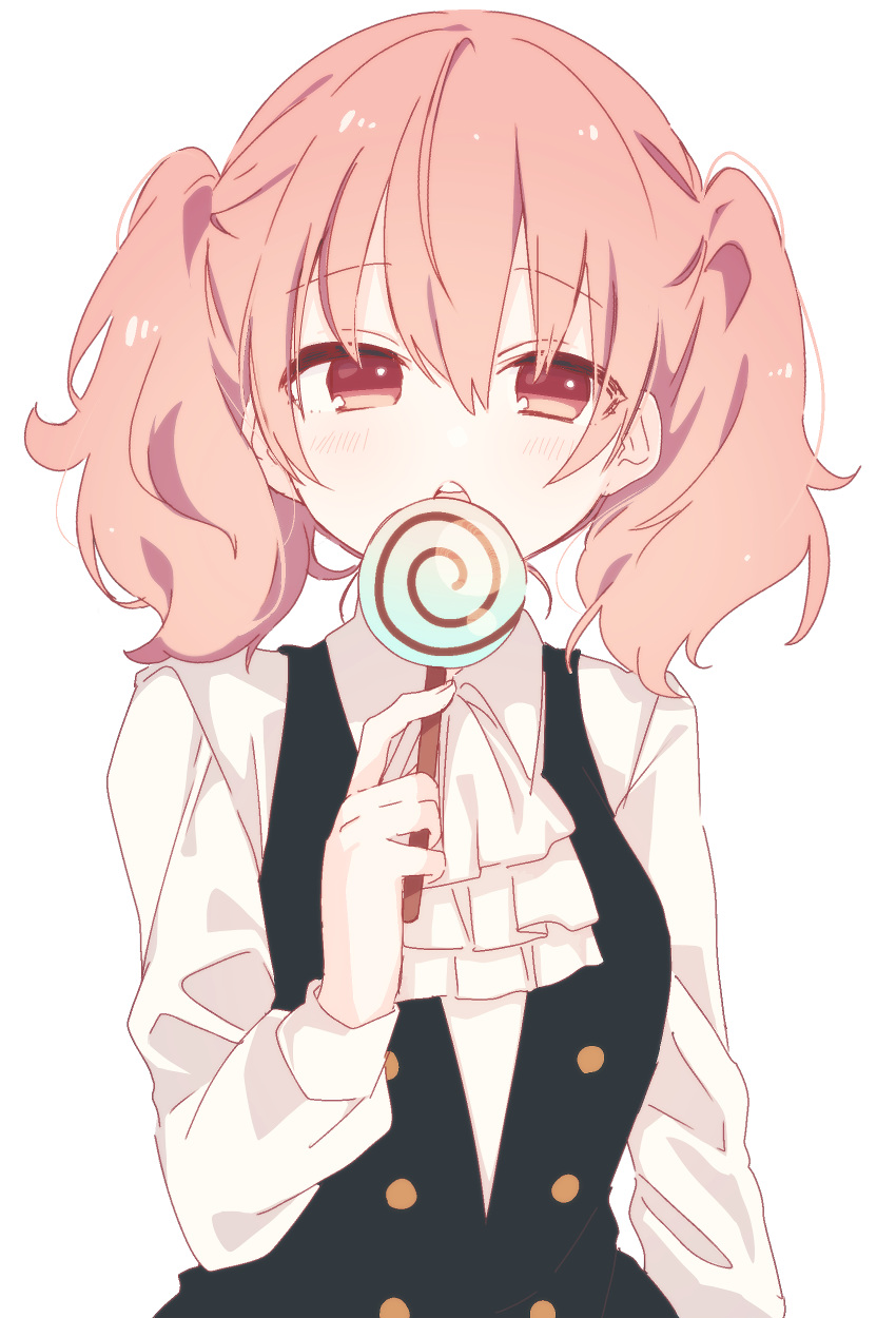 1girl absurdres bangs black_vest blush brown_eyes brown_hair candy collared_shirt eyebrows_visible_through_hair food hair_between_eyes hand_up highres holding holding_candy holding_food holding_lollipop inu_x_boku_ss lollipop long_sleeves open_mouth roromiya_karuta school_uniform shirt signature simple_background sofra solo swirl_lollipop twintails twitter_username upper_body upper_teeth vest white_background white_neckwear white_shirt