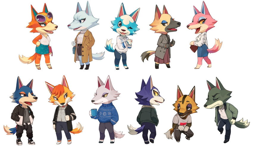 animal_crossing anthro arctic_wolf audie_(animal_crossing) blonde_hair blue_body blue_eyes blue_fur canid canine canis chief_(animal_crossing) clothed clothing dobie_(animal_crossing) eyelashes eyes_closed eyeshadow eyewear fang_(animal_crossing) freya_(animal_crossing) fur grey_body grey_fur hair hi_res kyle_(animal_crossing) lobo_(animal_crossing) makeup male mammal mature_male multicolored_body nintendo old pink_body pink_fur skye_(animal_crossing) sunglasses tuxtux video_games vivian_(animal_crossing) white_body white_fur whitney_(animal_crossing) wolf wolfgang_(animal_crossing) yellow_sclera