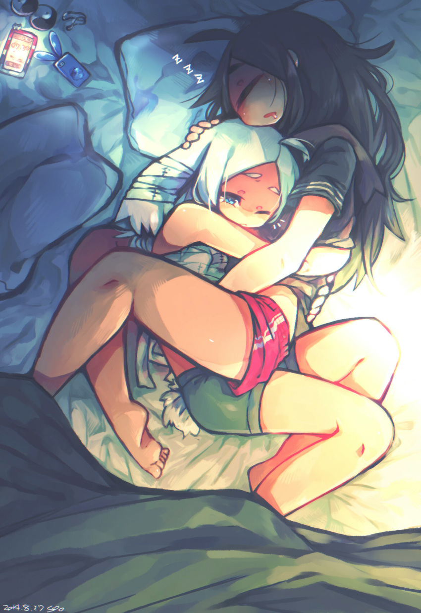 2girls ahoge bare_shoulders barefoot black_hair blanket blue_eyes boyshort_panties cellphone closed_eyes cyclops dated highres hug long_hair low-tied_long_hair lying messy_hair muku-chan_(muroku) multiple_girls muroku_(aimichiyo0526) notice_lines on_side one-eyed one_eye_closed original phone pillow sarashi signature sleeping smartphone smartphone_case very_long_hair white_hair yin_yang yuri