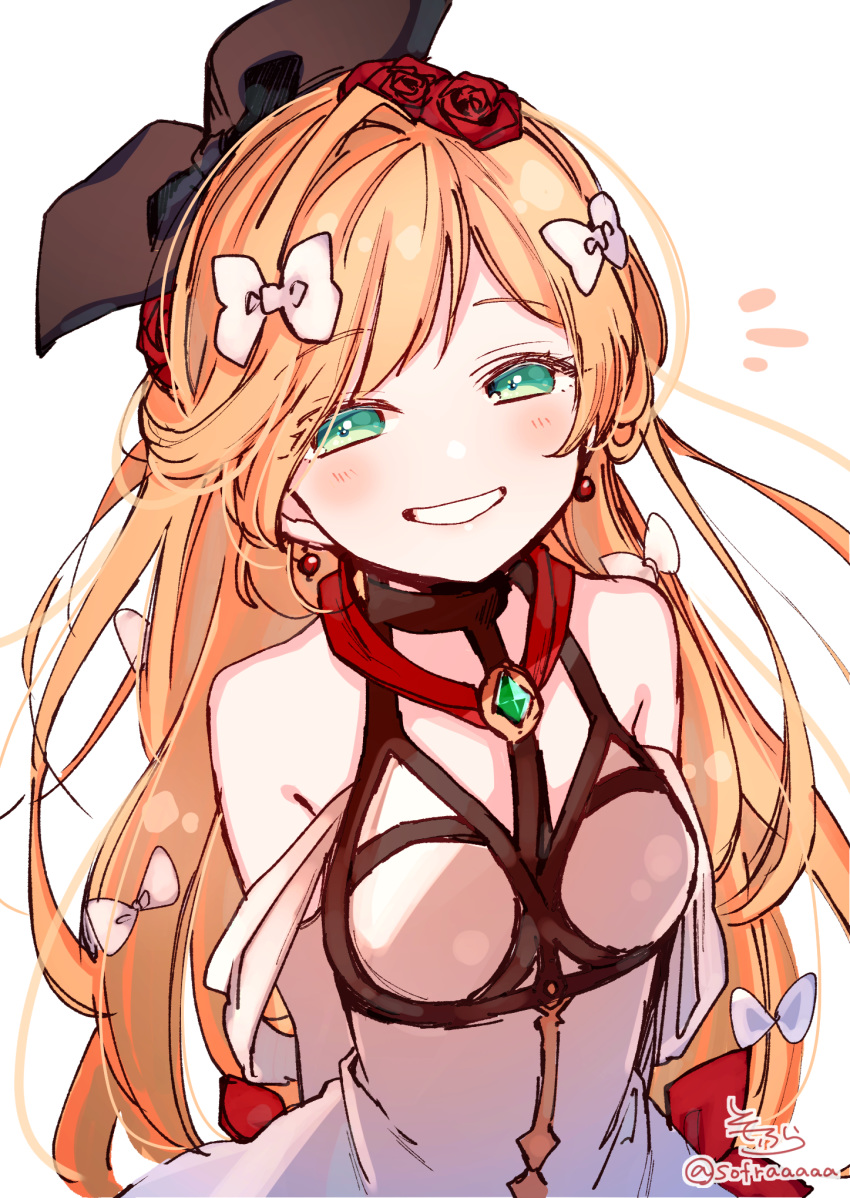 1girl bare_shoulders black_ribbon blonde_hair blush bow chest_harness clarisse_(granblue_fantasy) dress flower gem granblue_fantasy green_eyes grin hair_bow hair_flower hair_ornament hair_ribbon harness highres long_hair looking_at_viewer notice_lines red_flower red_ribbon red_rose ribbon rose signature smile sofra solo twitter_username very_long_hair white_background white_bow white_dress