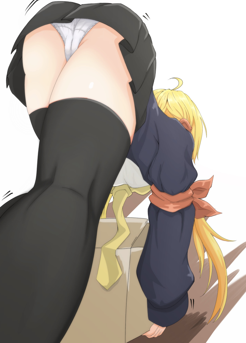 absurdres ahoge ass black_legwear black_skirt blonde_hair box from_behind highres kantai_collection kirisame0729 long_hair panties pantyshot satsuki_(kantai_collection) school_uniform serafuku simple_background skirt thighhighs twintails underwear white_panties