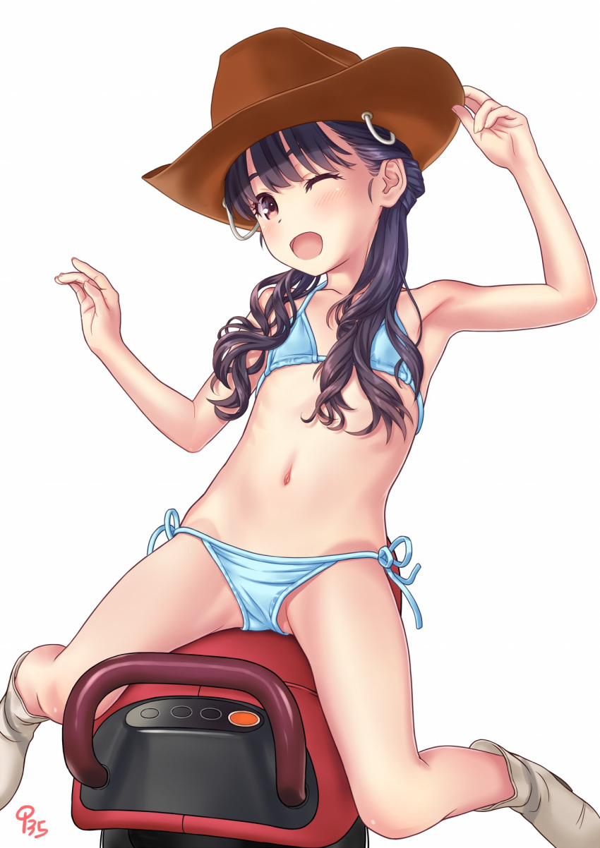 1girl aoi_kumiko bikini black_hair blue_bikini brown_headwear cowboy_hat hair_over_shoulder happy_new_year hat highres long_hair mechanical_bull new_year one_eye_closed original red_eyes riding riding_machine side-tie_bikini simple_background solo swimsuit white_background