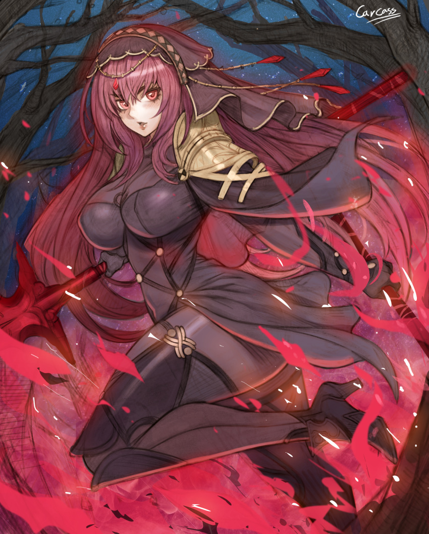 1girl armor aura bangs bodysuit breasts carcass_(artist) chain fate/grand_order fate_(series) forest gae_bolg gem gold gold_armor gold_chain high_heels highres holding jewelry large_breasts long_hair nature night night_sky open_mouth pantyhose polearm purple_eyes red_eyes scathach_(fate)_(all) scathach_skadi_(fate/grand_order) shoulder_armor sky solo spear star_(sky) starry_sky veil weapon