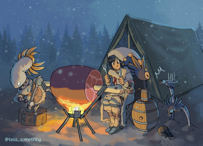 1girl 1other absurdres beer_mug black_hair boned_meat cooking cup felyne fire food fork full_body fur_trim hat highres knife licking_lips meat monster_hunter monster_hunter:_world mug outdoors snowing tent tess_something tongue tongue_out wiggler wiggler_helm_(armor) winter winter_clothes