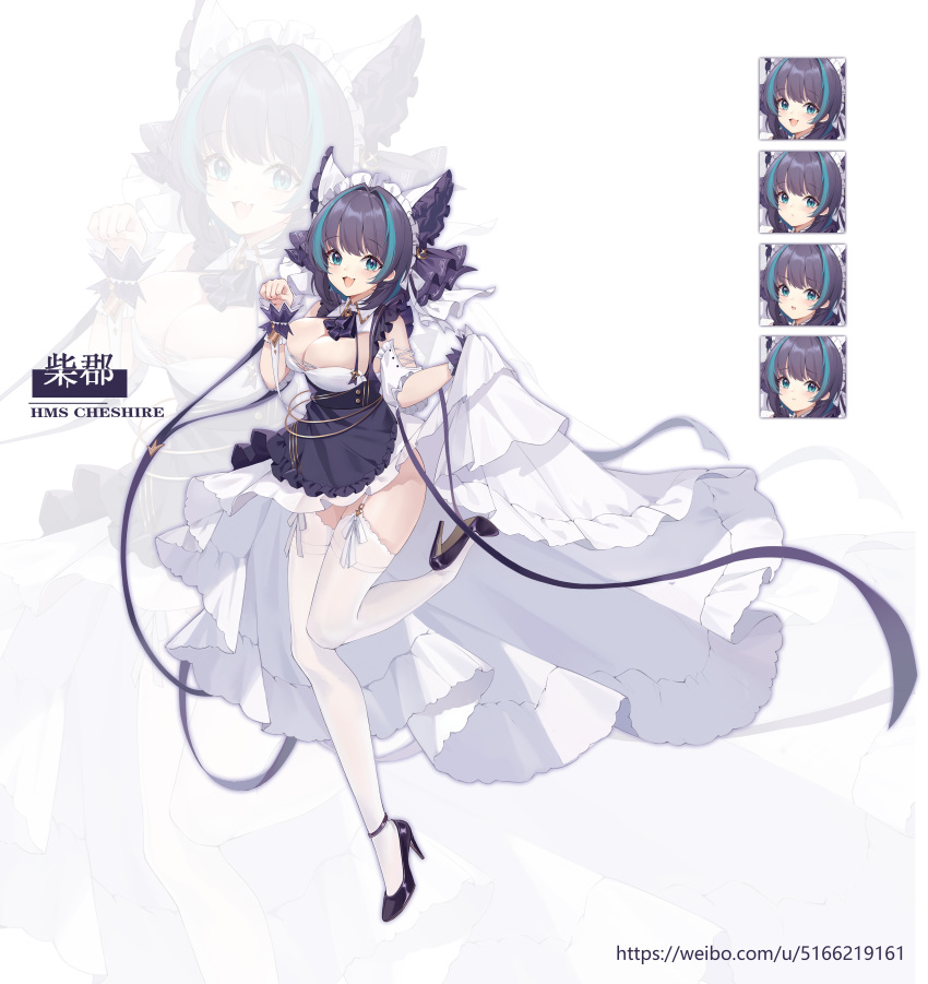 1girl :3 :d absurdres animal_ears azur_lane bangs black_hair blue_eyes blush breasts character_name cheshire_(azur_lane) cleavage commentary detached_collar detached_sleeves dress dress_lift expressions eyebrows_visible_through_hair fake_animal_ears fang frilled_hairband frilled_headband frilled_ribbon frills full_body garter_straps hair_intakes hairband high_heels highres large_breasts long_ribbon looking_at_viewer maid_headdress multicolored_hair open_mouth paw_pose puffy_detached_sleeves puffy_sleeves purple_apron purple_footwear purple_neckwear ribbon sakana_mochi short_hair sidelocks simple_background skin_fang skindentation smile standing standing_on_one_leg strapless strapless_dress streaked_hair thighhighs watermark web_address weibo_id white_background white_dress white_legwear wrist_cuffs zettai_ryouiki zoom_layer