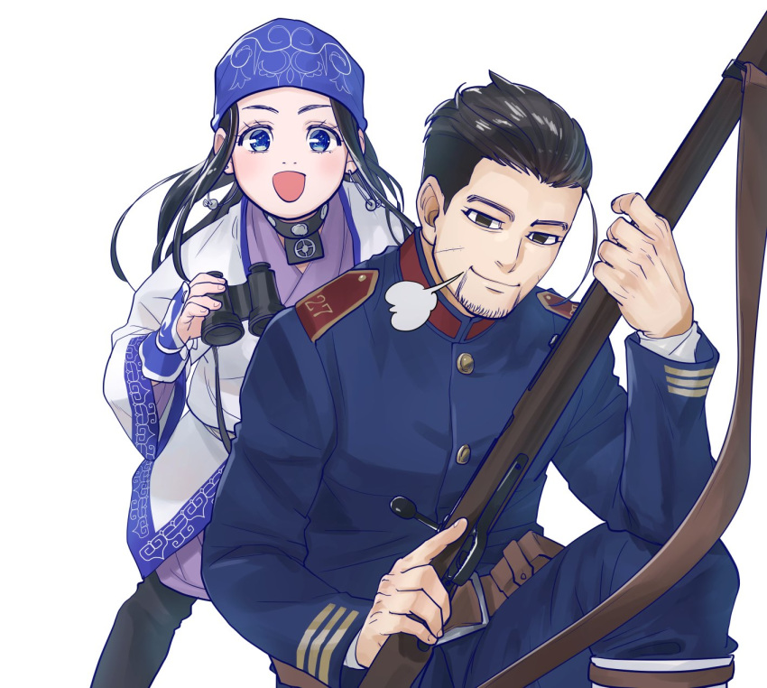 1boy 1girl :d ainu ainu_clothes arisaka asirpa bandana belt binoculars black_eyes black_hair blue_bandana blue_eyes blue_jacket blue_pants blush bolt_action brown_belt closed_mouth collar collared_vest commentary_request cup ear_piercing earrings facial_hair goatee golden_kamuy gun hair_slicked_back hair_strand highres holding holding_binoculars holding_cup holding_weapon hoop_earrings imperial_japanese_army jacket jewelry long_hair long_sleeves looking_at_viewer military military_uniform ogata_hyakunosuke open_mouth pants piercing rifle sayasaka scar scar_on_cheek scar_on_face short_hair simple_background sitting smile standing stubble trigger_discipline undercut uniform upper_body vest weapon white_background