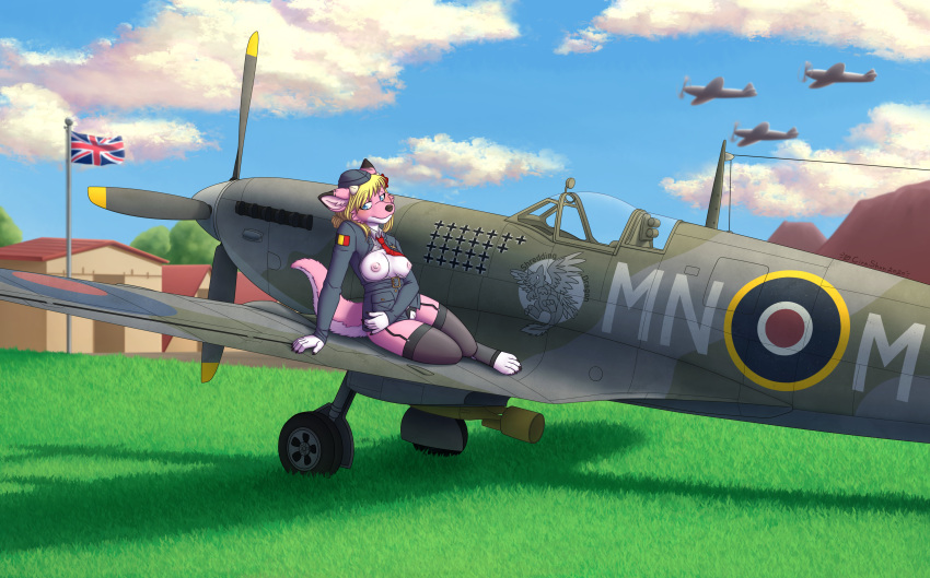 absurd_res aircraft airfield airplane anthro belgian_flag blonde_hair blue_eyes breasts canid canine canis clothed clothing dragon female fur garter_straps hair hi_res hybrid kina_heijima legwear lingerie mammal nipples pink_body pink_fur solo spitfire spitfire_mk_ix stockings tagme union_jack wolf