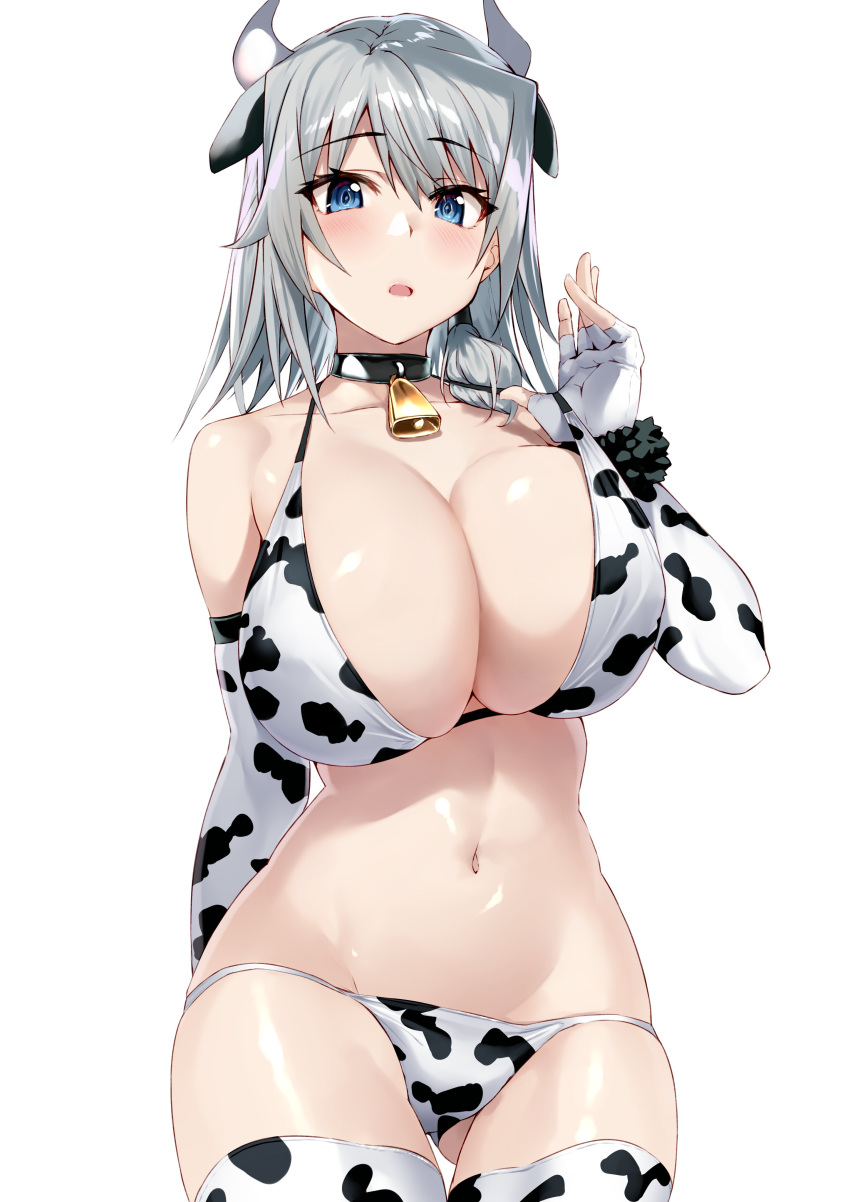 1girl absurdres animal_ears animal_print bangs bare_shoulders bell bell_choker bikini blue_eyes blush breasts choker cleavage collarbone cow_ears cow_horns cow_print cowbell elbow_gloves gloves grey_hair highres horns large_breasts long_hair looking_at_viewer navel open_mouth original shunichi simple_background swimsuit thighhighs white_background white_bikini white_gloves white_legwear