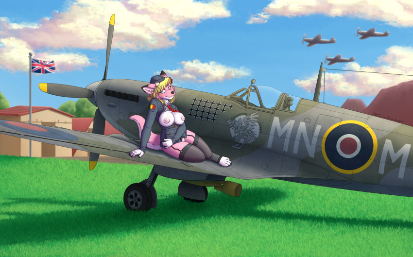 aircraft airfield airplane anthro belgian_flag big_breasts blonde_hair blue_eyes breasts canid canine canis clothed clothing dragon female fur garter_straps hair hi_res hybrid kina_heijima legwear lingerie mammal nipples pink_body pink_fur solo spitfire spitfire_mk_ix stockings union_jack wolf