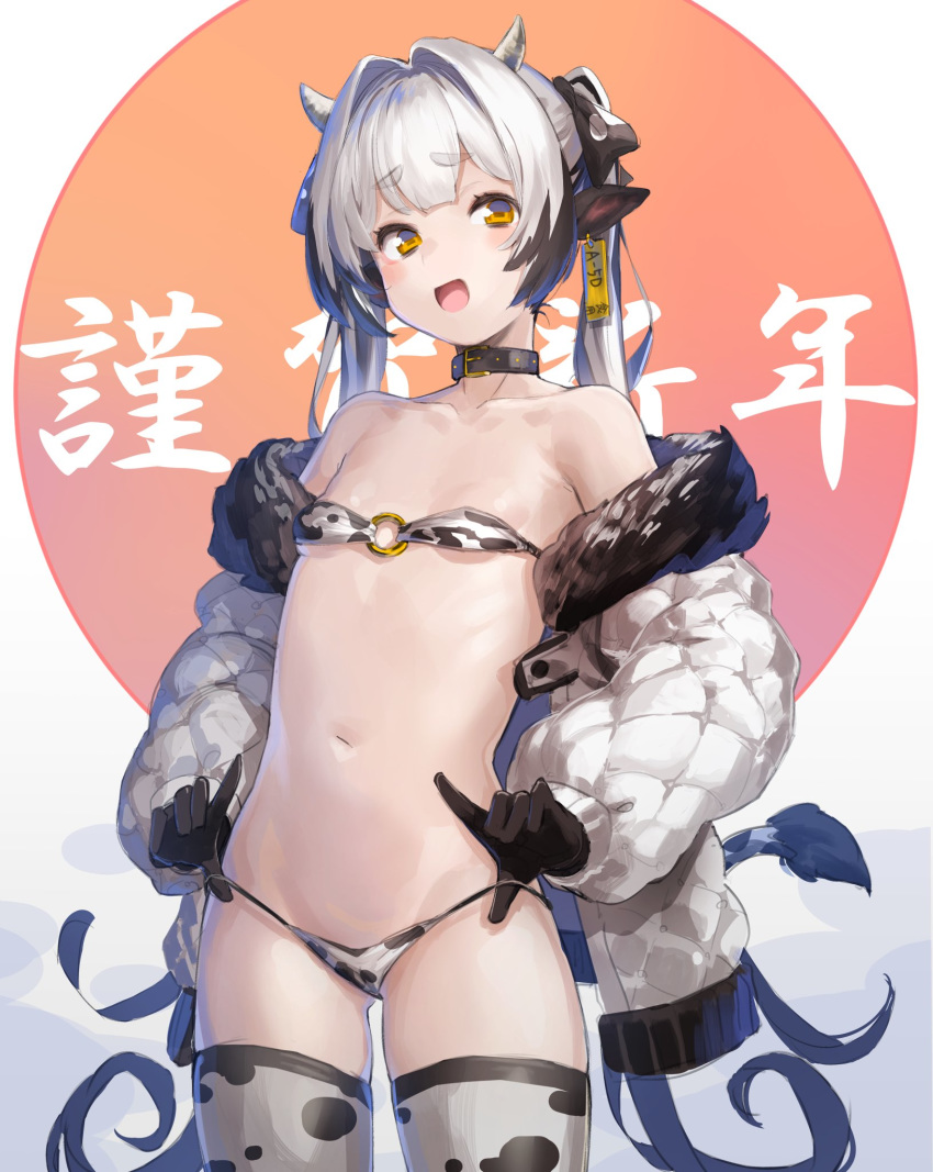 1girl animal_ears animal_print bikini black_hair breasts chinese_zodiac cow_ears cow_girl cow_horns cow_print cow_tail deluxe&lt;&lt;&lt; eyebrows_visible_through_hair highres horns long_hair micro_bikini multicolored_hair navel orange_hair original panties panty_pull small_breasts smile solo swimsuit tail thick_eyebrows underwear very_long_hair white_hair year_of_the_ox