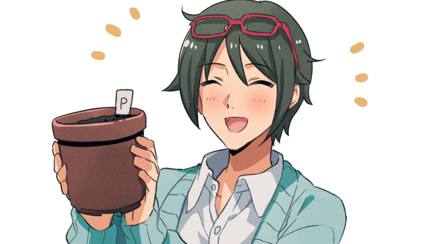 1boy :d ahoge bangs blue_cardigan blush buttons cardigan closed_eyes collared_shirt commentary_request dress_shirt eyebrows_visible_through_hair eyewear_on_head flower_pot glasses green_hair happy highres holding idolmaster idolmaster_side-m long_sleeves male_focus notice_lines open_mouth red-framed_eyewear sayshownen shirt short_hair simple_background smile solo twitter_username upper_body watermark white_background white_shirt yamamura_ken