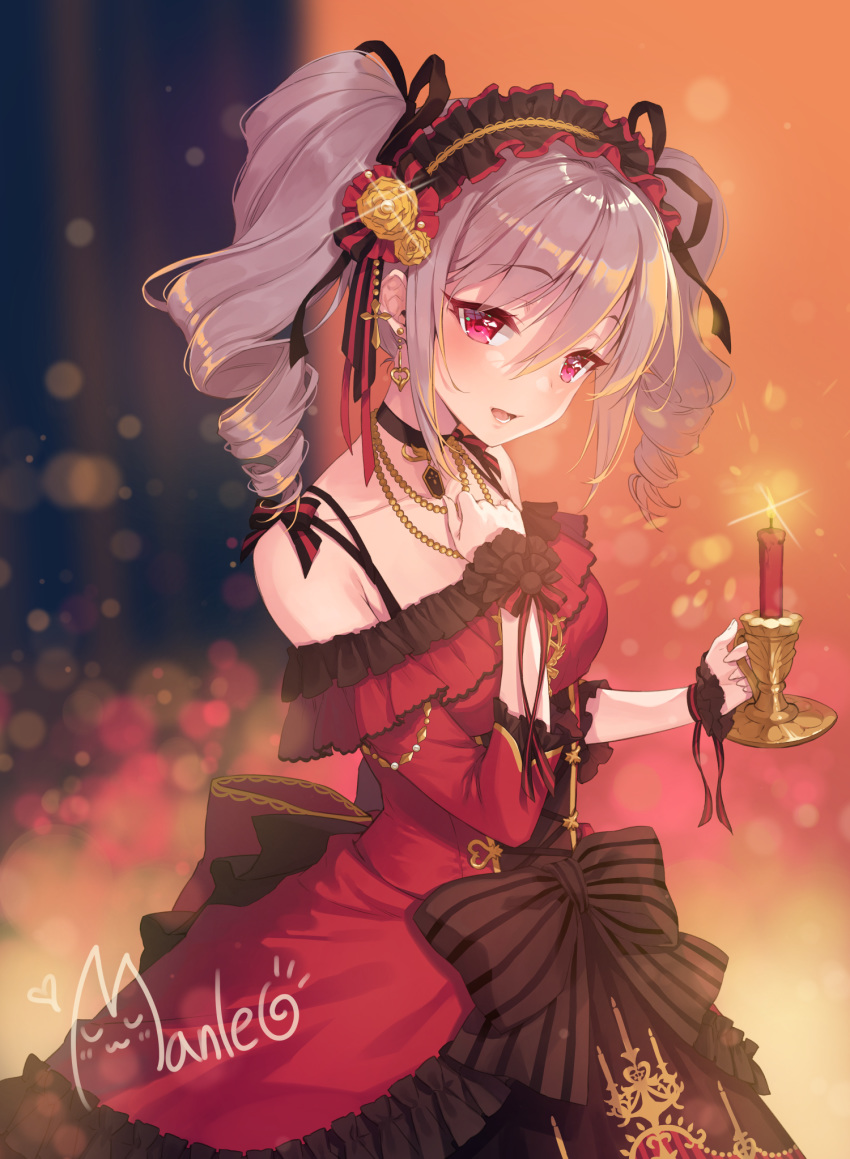 1girl :d bangs bare_shoulders black_bow blurry blurry_background bow candle collarbone commentary_request depth_of_field dress drill_hair earrings eyebrows_visible_through_hair fire flower frilled_dress frills glint grey_hair hair_between_eyes hair_flower hair_ornament hand_up heart heart_earrings highres holding idolmaster idolmaster_cinderella_girls jewelry kanzaki_ranko long_sleeves looking_at_viewer manle off-shoulder_dress off_shoulder open_mouth purple_eyes red_dress rose signature smile solo striped striped_bow twin_drills twintails wrist_cuffs yellow_flower yellow_rose