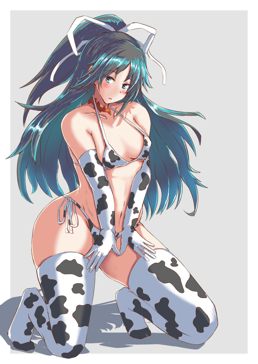 1girl alternate_costume animal_print bikini black_hair blue_eyes border breasts commentary_request cow_print elbow_gloves full_body gloves grey_background hair_ribbon highres kantai_collection katsuragi_(kantai_collection) kneeling kurage_ituki long_hair looking_at_viewer ponytail ribbon side-tie_bikini small_breasts solo swimsuit thighhighs two-tone_background white_bikini white_border white_gloves white_legwear white_ribbon